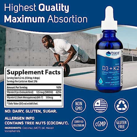 Vitamina D3 K2 Líquida Iônica | 125 mcg (5.000 UI) D3, 100 mcg K2 | Suplemento Alimentar Concentrado | 59 ml. 296 Porções - Trace Minerals