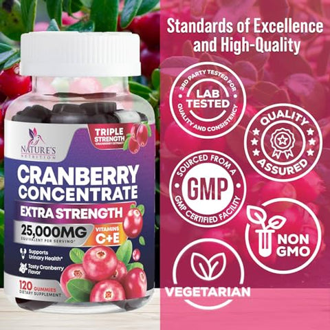 Nature's Nutrition - Cranberry Gummies – Vitamina C em Goma para Saúde do Trato Urinário – 25.000mg – Concentrado Triplo de Cranberry em Comprimidos de Suplemento Extrato, Potência Máxima, Livre de GMO e Glúten – Marca Cranberry Gummies