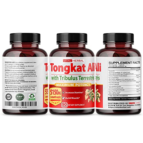 VITAL HERBAL - Ultra Cápsulas de Extrato de Tongkat Ali Equivalente a 5150mg – Máxima Potência com Ashwagandha Tribulus Terrestris Ginseng Horny Goat Weed para Homens Mulheres – Aumente a Energia Construa