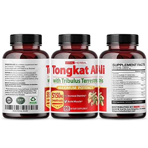 VITAL HERBAL - Ultra Cápsulas de Extrato de Tongkat Ali Equivalente a 5150mg – Máxima Potência com Ashwagandha Tribulus Terrestris Ginseng Horny Goat Weed para Homens Mulheres – Aumente a Energia Construa