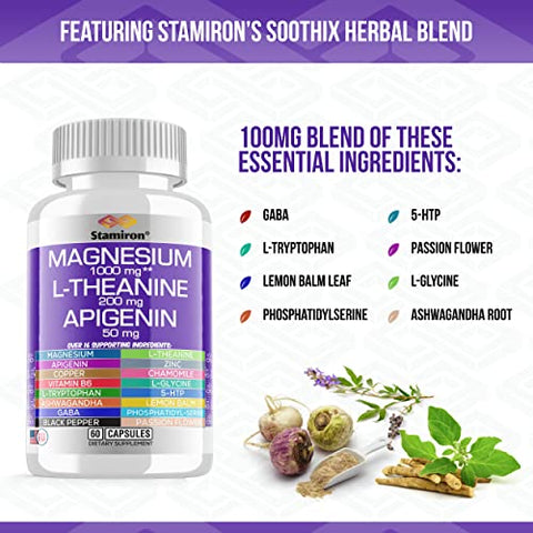 Stamiron - Magnésio Complexo 1000mg L Theanina 200mg Apigenina 50mg Suplemento com Mag Glicinato Citrato Malato Taurato Camomila 5-HTP Flor de Maracujá Melissa B6 Ashwagandha e L