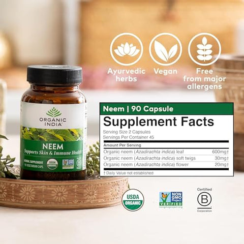 Cápsulas de Folha de Neem, Suplemento Herbal – Suporte para Pele, Imunidade - ORGANIC INDIA