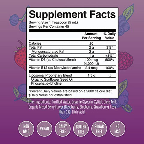 Vitamina D | Suprimento de 45 Dias | Sem Açúcar | Suporte Imunológico Líquido de Vitamina D Lipossomal para Adultos | VIT D3 | Vegano | Sem Glúten | Não-OGM | 45 Porções - MaryRuth Organics