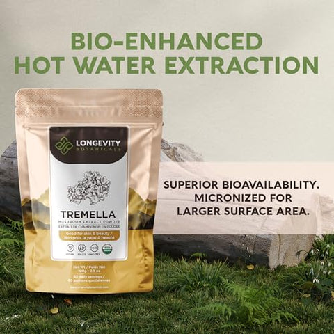 Pó de Cogumelo Tremella Orgânico – Concentrado Ultra de Cogumelo Tremella – Promove Pele Saudável e Memória – 100% Corpo Frutífero – 100g - Longevity Botanicals