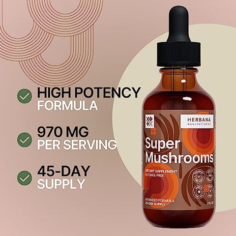HERBANA MANUFACTURING - Super Cogumelos 8-em-1 – Extrato Líquido 60ml – Estimulante Cerebral