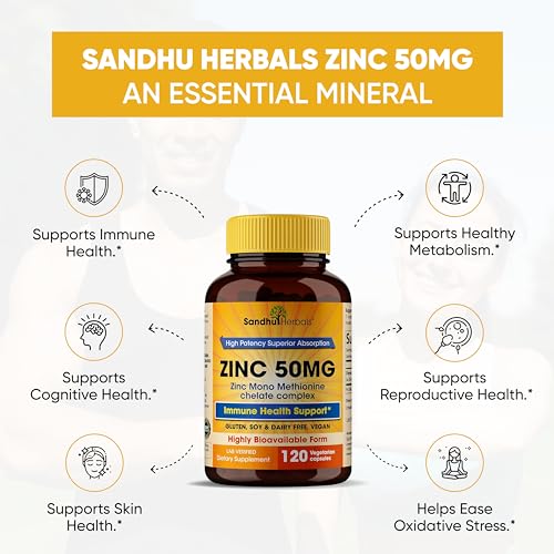 SANDHUHERBALS - Zinc 50mg – 120 Cápsulas Vegetarianas, Suplemento de Zinco Altamente Absorvível para Suporte Imunológico, Livre de Glúten