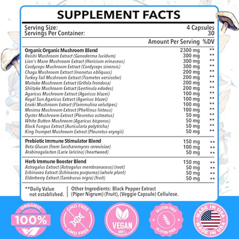Dmeisy - Suplemento de Cogumelo 2600mg, Complexo de 20 Cogumelos, com Leão da Montanha, Cordyceps, Reishi, Cauda de Peru, Chaga – Suplementos para Memória e Concentração, Humor