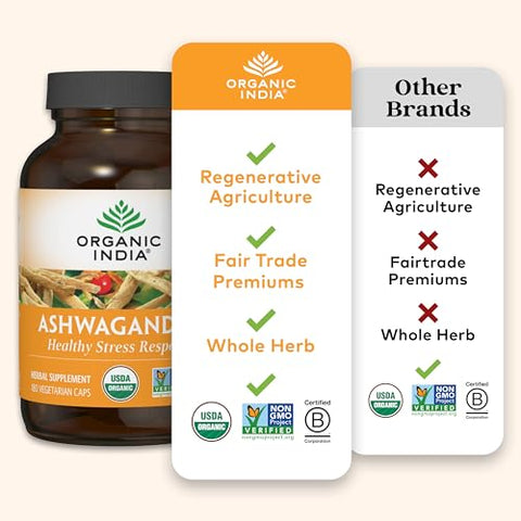 Ashwagandha Capsules – Suplemento Orgânico de Ashwagandha – Raiz de Ashwagandha Vegana, Sem Glúten, Kosher, Não-OGM, Suporta Alívio do Estresse, Energia e Sono – 180 Cápsulas - ORGANIC INDIA