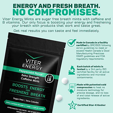 Menta Forte com Cafeína 80mg, Vitaminas B, Sem Açúcar (8oz, Embalagem a Granel) - Viter Energy