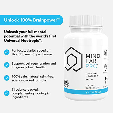Suplemento Universal Nootrópico para Potencializar o Cérebro – Foco, Memória, Clareza, Energia – 60 Cápsulas – Baseado em Plantas, Vitaminas Naturais para Melhorar o Cérebro - Mind Lab Pro