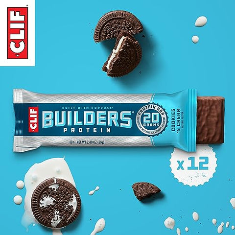 CLIF BUILDER'S - CLIF Builders – Barra de Proteína à Base de Plantas Sabor Cookies ‘n Cream – Sem Glúten – Não-OGM – Baixo Índice Glicêmico – 20g de Proteína – 68g (12 Unidades)