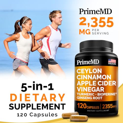 PrimeMD - Cápsulas de Canela do Ceilão 5 em 1 2355mg – Canela do Ceilão e Cápsulas de Vinagre de Maçã – Cápsulas de Cúrcuma e Ginseng Panax – Suplementos de Canela com Bioperina