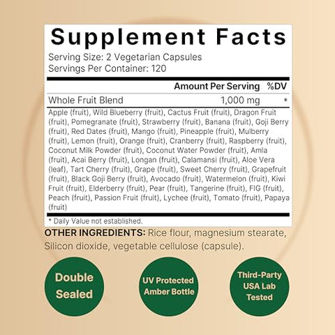 Suplementos NatureBell de Frutas e Vegetais para o Dia a Dia, 480 Cápsulas Vegetarianas no Total | Conjunto de 40 Frutas Inteiras e 40 Vegetais Inteiros – Fórmula Fresca de Super Alimentos com Vitaminas e