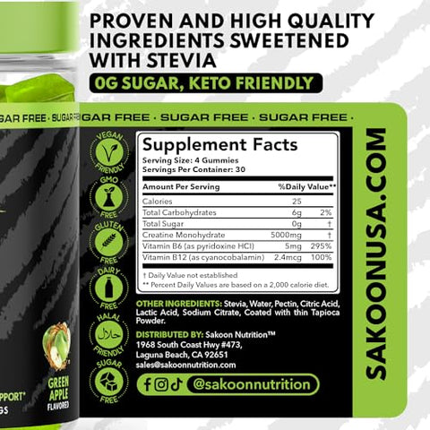 Sakoon nutrition - Sakoon Nutrition Gummies de Creatina Monohidratada 5000mg | Aumente a Força e Ganhe Massa Muscular | Sem Açúcar, Vegano, Sabor Maçã | 120 Unidades