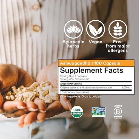 Ashwagandha Capsules – Suplemento Orgânico de Ashwagandha – Raiz de Ashwagandha Vegana, Sem Glúten, Kosher, Não-OGM, Suporta Alívio do Estresse, Energia e Sono – 180 Cápsulas - ORGANIC INDIA