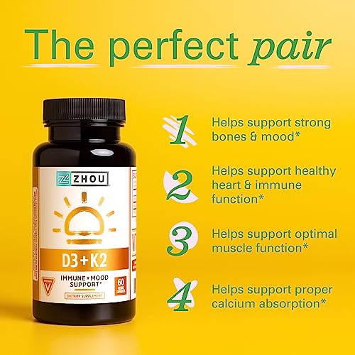 ZHOU - Zhou Nutrition Vitamina D3 K2, Fórmula para Saúde Óssea e Cardíaca 5000 UI Vitamina D3