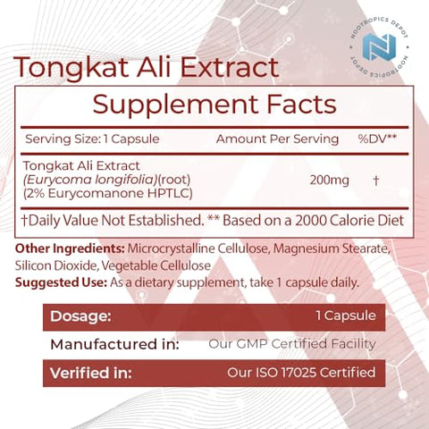 Cápsulas de Extrato de Tongkat Ali | 200mg | 60 Unidades | 2%% Eurycomanone por HPTLC | Extrato de Raiz de Eurycoma longifolia - Nootropics Depot