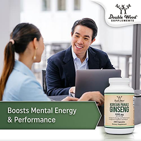 Double Wood Supplements - Cápsulas de Ginseng (Extrato de Ginseng Vermelho Coreano, Panax Ginseng 10%% Ginsenosides) (Fornecimento de 4 Meses) 240 Cápsulas Veganas – 1.000mg por Porção para Humor, Função Cognitiva e Energia