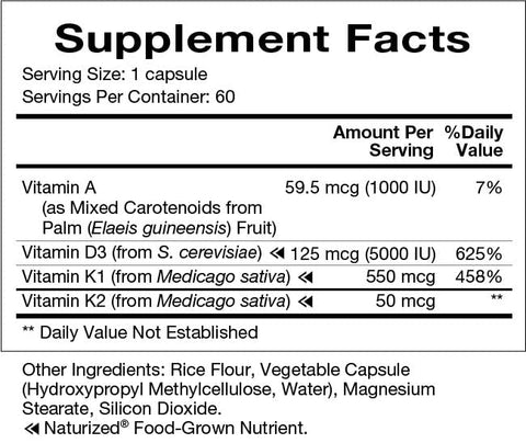 Suplemento Vitamínico D-A-K para Saúde Óssea, Cardíaca e Visual – Vitamina D3 5000 UI, K2 50 mcg, K1 550 mcg, Vitamina A 1000 UI - Natura Health Products