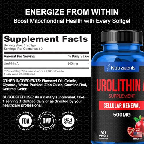 Nutragenis - Urolithin A – Suplemento 60 Softgel – Renovação Celular Avançada – Marca Urolithin A