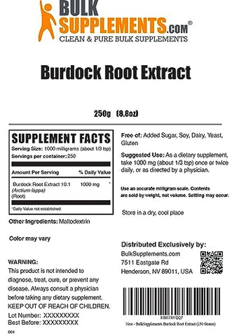 Burdock Root Extract Powder BulkSupplements.com – Suplemento de Raiz de Bardana, Pó de Raiz de Bardana – Herbal, Sem Glúten, 1000mg por Porção, 250g (Pack de 1)