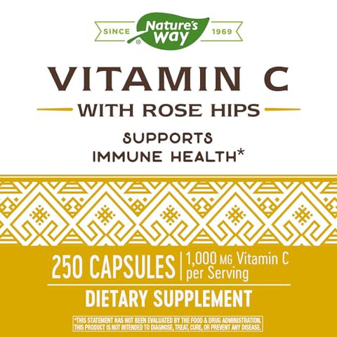 Nature's Way - Vitamina C Nature’s Way com Rose Hips – Proteção Antioxidante Poderosa – Suporte à Função Imunológica – Fortalece o Colágeno para uma Pele Saudável – Livre de Glúten – 250 Cápsulas