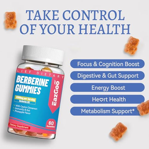 EAZGOO - Berberine Gummies 2 Unidades – 1200mg com Canela do Ceilão para Metabolismo e Energia, Vegano Sem Gelatina – 120 Unidades