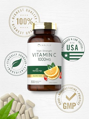 Vitamina C 1000mg | 300 Cápsulas Vegetarianas | Ácido Ascórbico com Rosa Mosqueta | Fórmula de Alta Potência | Suplemento Livre de OGM e Glúten - Carlyle