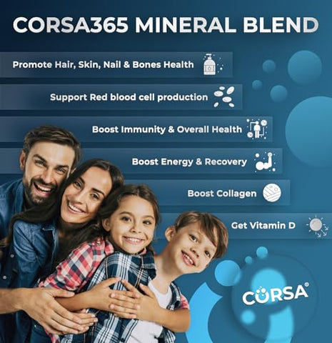 CORSA365 - Complexo de Magnésio com Minerais Traços para Suporte Imunológico – Suplemento Multimineral de Potássio, Magnésio, Cálcio, Vitamina D, Zinco, Cobre e Boro para Homens e Mulheres