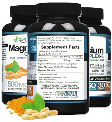 ecostream Naturals - Complexo de Magnésio 500mg – Todos os 5 Compostos Minerais de Magnésio – Alta Absorção – Livre de Glúten