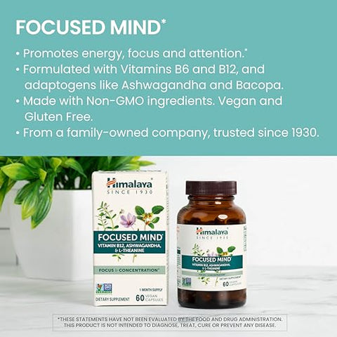 Focused Mind com Ashwagandha e Bacopa – Melhore sua Concentração e Foco Mental | 60 cápsulas | 100% Natural - Himalaya