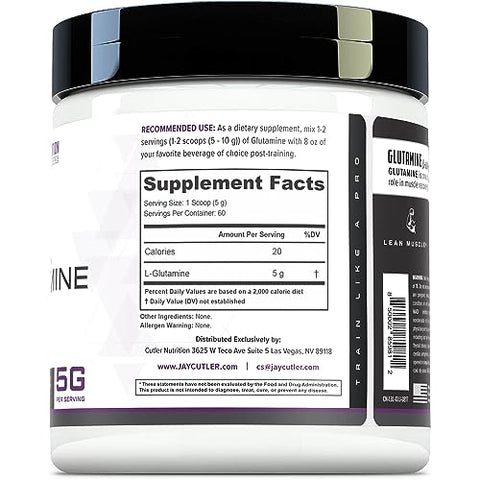 Cutler Nutrition - Cutler Essentials L-Glutamina Pura 100% para Recuperação Acelerada, Suporte à Massa Muscular Magra e Síntese Proteica Melhorada | Sem Sabor, 60 Porções