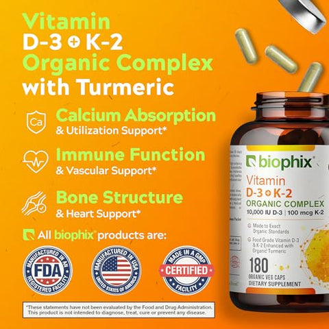 biophix - Biophix Vitamina D-3 K2 Cúrcuma 180 Vcaps – Alta Potência para Fortalecer Ossos e Saúde Imunológica
