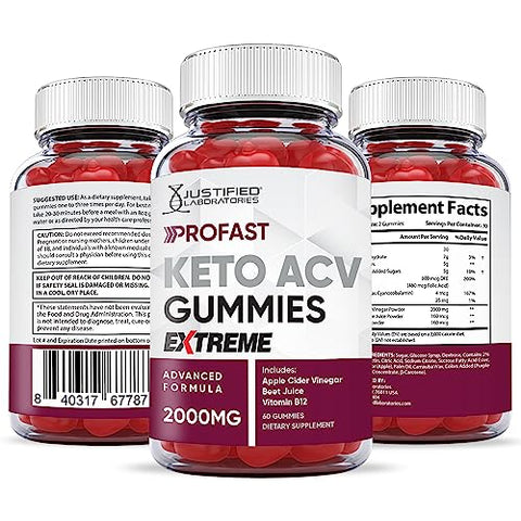 Justified Laboratories - (2 Pacotes) Gomas de ProFast Keto ACV Fórmula Extrema 2000MG Pro Fast Vegan Non GMO com Suco de Romã Beterraba B12 120 Gummys