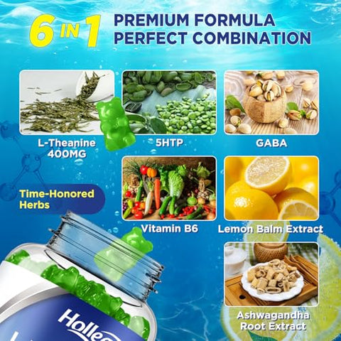 HOLLEGEND - L-Theanine Gummies 400mg com Ashwagandha, GABA, 5HTP – Suplemento Mastigável para Relaxar e Dormir – Marca em Destaque