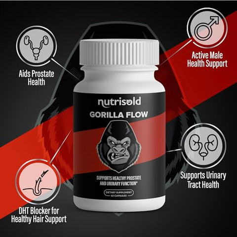 Nutrisold - Gorilla Flow – Suporte para a saúde masculina | Reduzir micções noturnas | Promover sono | Apoio ao esvaziamento da bexiga | Complexo herbal para próstata | Bexiga
