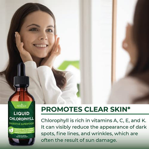 NEW AGE - Gotas Líquidas de Clorofila – Concentrado Natural – Estimulante de Energia, Suporte à Digestão e Sistema Imunológico, Desodorante Interno, Função Hepática – (60 ml (Pacote com 4))