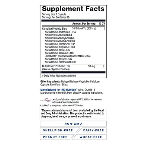 1MD Nutrition - 1MD Complete Probiotics Platinum | Suporte à Saúde Digestiva | com Prebióticos Nutritivos, 51 Bilhões de UFC Vivos, 11 Cepas, Sem Laticínios | 30 Cápsulas Vegetais (2-Pack)