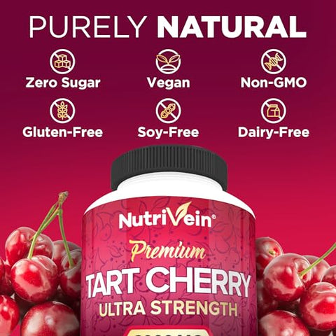 Tart Cherry Capsules 3000mg – 90 Vegan Pills – Alívio da Dor, Recuperação Muscular, Flavonoides – Limpeza do Ácido Úrico, Suplemento de Extrato de Suco - Nutrivein
