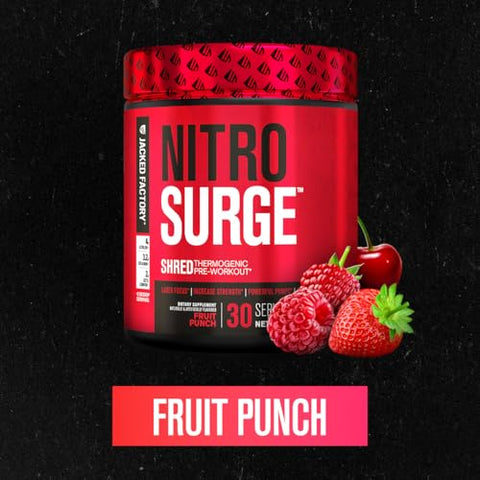 NITROSURGE Shred – Pré-treino Energético, Ganho Instantâneo de Força, Foco Afiado, Bombas Poderosas – Impulsionador de Óxido Nítrico - Jacked Factory
