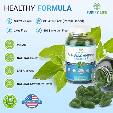 Purify Life - Gummies de Ashwagandha (Força Máxima – 750mg/Gummy) (90ct – Até 3 Meses de Fornecimento) Suporte para Calma, Relaxamento