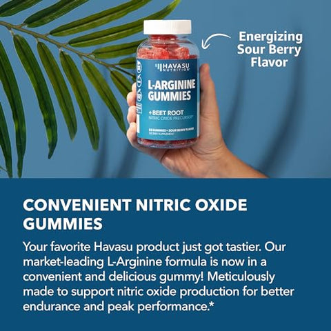HAVASU NUTRITION - L-Arginine Gummies – Suplemento de Óxido Nítrico para Saúde Masculina – Fórmula com L-Arginina, L-Citrulina e Beterraba – Resistência e Desempenho – Sabor de Frutas Vermelhas