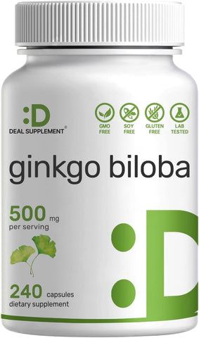 Ginkgo Biloba 500mg por Porção, 240 Cápsulas, 4 Meses de Fornecimento – Cultivado no Norte da Ásia – Extra Forte, Promove a Função Cerebral - DEAL SUPPLEMENT