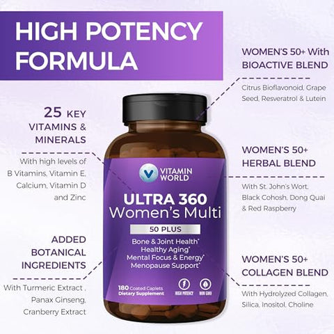 Ultra 360 Multivitamínico para Mulheres 50 Plus, Multivitamínico para Mulheres 50 com Minerais | Vitamin World Ultra 360 Mulheres 50 Plus, Multivitamínico com Minerais - Vitamin World