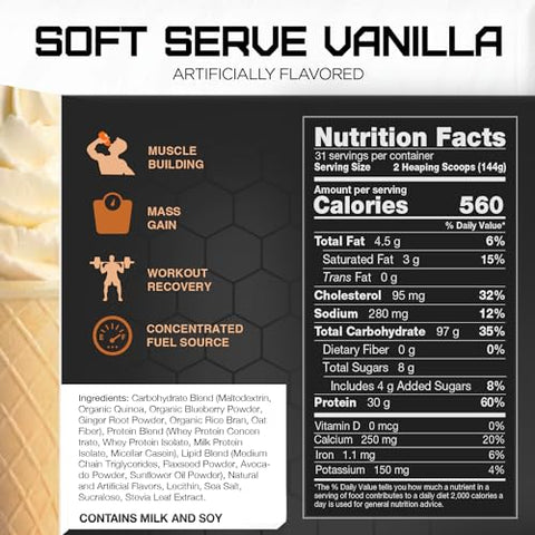 RIVAL NUTRITION - Rivalus Clean Gainer – Soft Serve Vanilla 4,536g – Delicioso Ganho de Massa Magra com Proteínas Lácteas Premium, Carboidratos Complexos e Lipídios de Qualidade, Sem Substâncias Proibidas