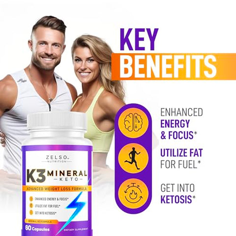 ZELSO - K3 Mineral Weight Loss Pills – 5 Pack para Mulheres e Homens – Sal Mineral K3, Cápsulas de Vitamina K3 para Suplemento de Perda de Peso Keto – Fornecimento de 5 Meses