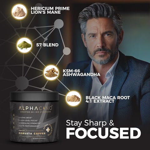 Apex – Pó de Café Instantâneo para Homens Robustos e Vigorosos – Crescimento Muscular, Foco Afiado, Resistência Aumentada – Ashwagandha KSM-66, Cogumelo do Leão, Extrato de Maca Negra – 100g - Alphacino