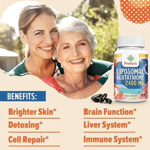Prunucis - 2400MG Liposomal Glutationa, L-Glutathione Reduzida, Suplemento de Glutationa com Vitamina C, Antioxidantes Mestres, Absorção Aprimorada – Suplementos Antioxidantes Não GMO, Imunidade