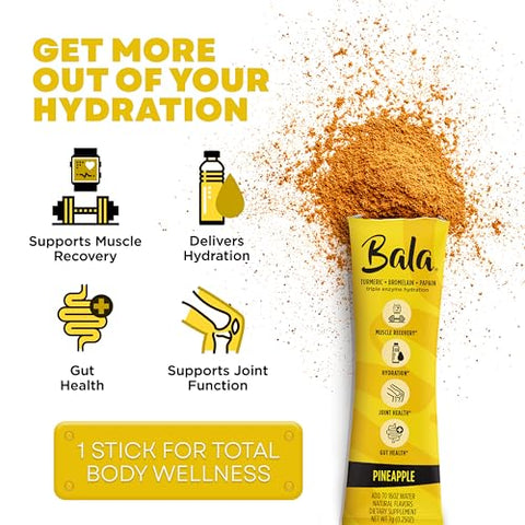 Hydration – Mistura em Pó de Bebida de Cúrcuma | Sem Açúcar, Repositor de Eletrólitos, Recuperação Muscular, Suporte Imunológico, Alívio Articular | Enzimas à Base de Plantas – Abacaxi (10 Pacotes) - BALA