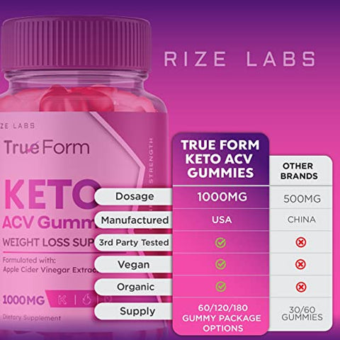 rize labs - True Form Keto Gummies – Gomitas True Form Keto ACV para Apoio à Perda de Peso Barriga Gordura Extrato de Vinagre de Maçã Keto ACV Plus Suplemento Energético (60 Gummies)